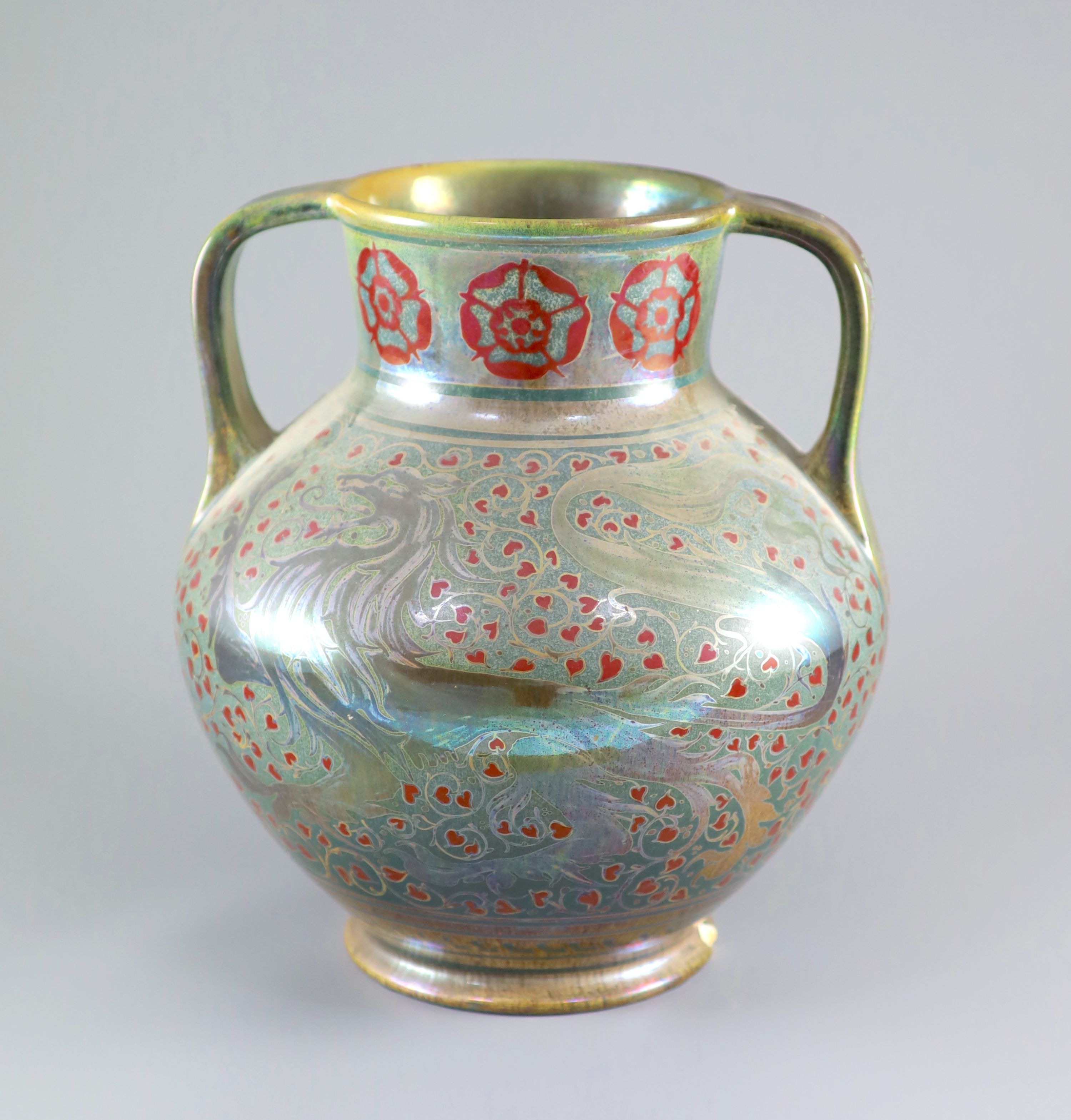 A Pilkingtons Royal Lancastrian lustre two handled vase, by Gordon M. Forsyth, 28.5cm high